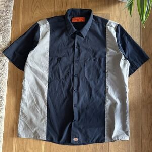 Dickies Work Shirt Mens 2XL Navy Blue Gray Color Block Short Sleeve Mechanic Y2K